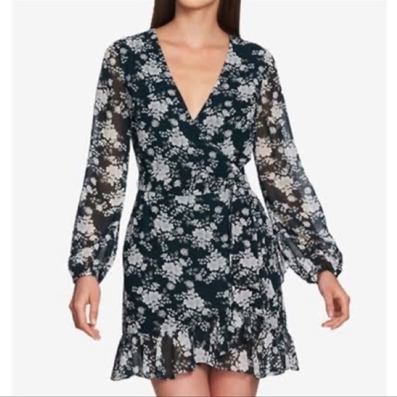 1. State Floral Ruffled Wrap Sheer Long Sleeve Mini Dress - Picture 1 of 7